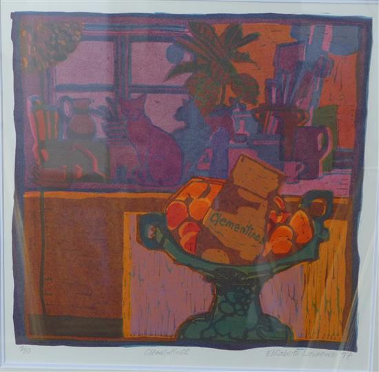 Elisabeth Lawrence Interiors with cats and dogs, and a similar linocut entitled Clementine, 17 x 17in.